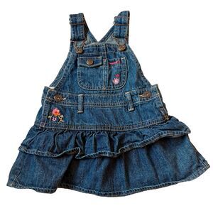 Oshkosh B’Gosh Girls Denim Overall Jumper Dress 12mo Embroidered Flowers